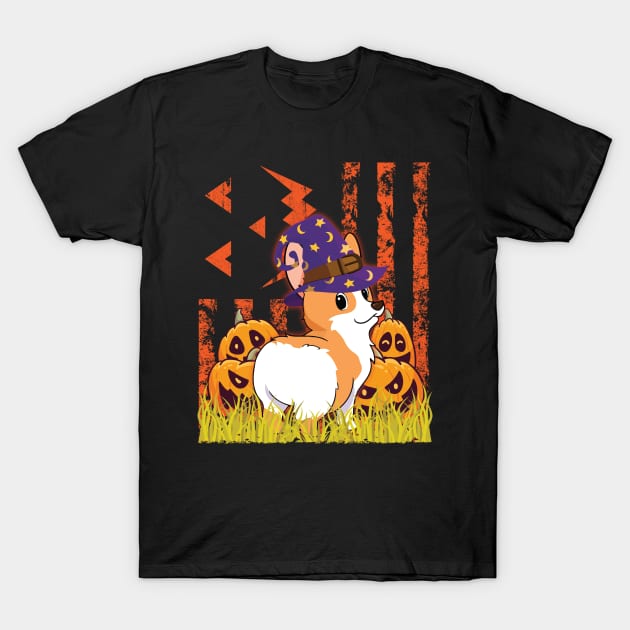 Corgi Dog Witch Dancing Around Pumpkins In front Of Halloween US Flag Dog Dad Mom T-Shirt by tieushop091